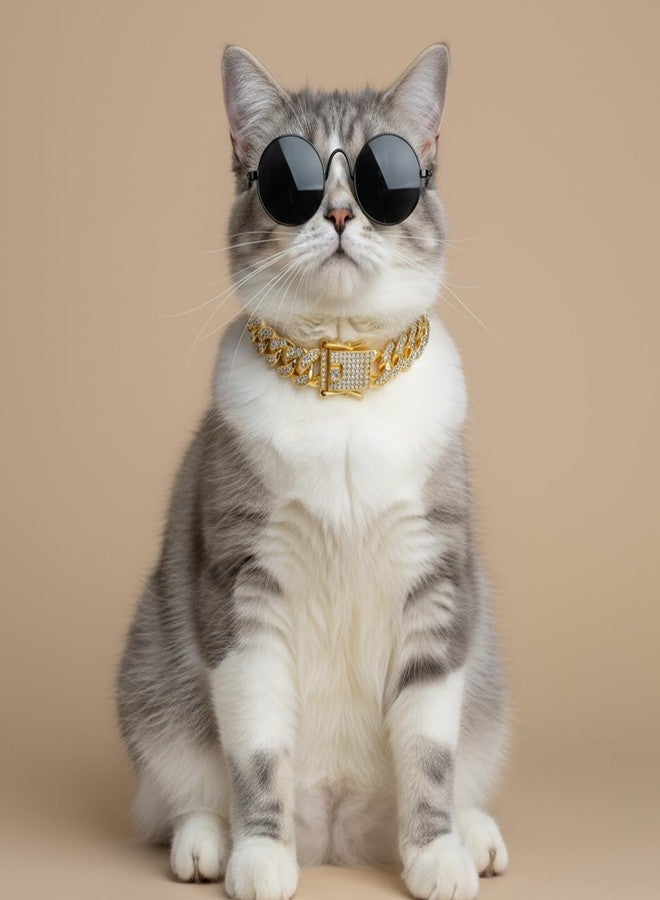 Matwsec 2PCS Gold Cat Chain Collar 8 Inch Diamond Dog Chain Collars Cuban Link Dog Collar for Cats Dogs Kittens Puppies Pets Metal Jewelry Accessories - Image 3